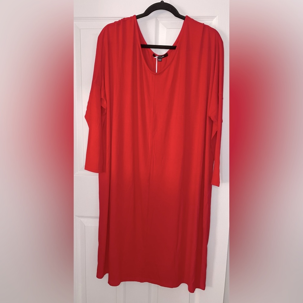 YANA K Lisa Red Rayon Oversized 3/4 Sleeves Midi Dress Size OS